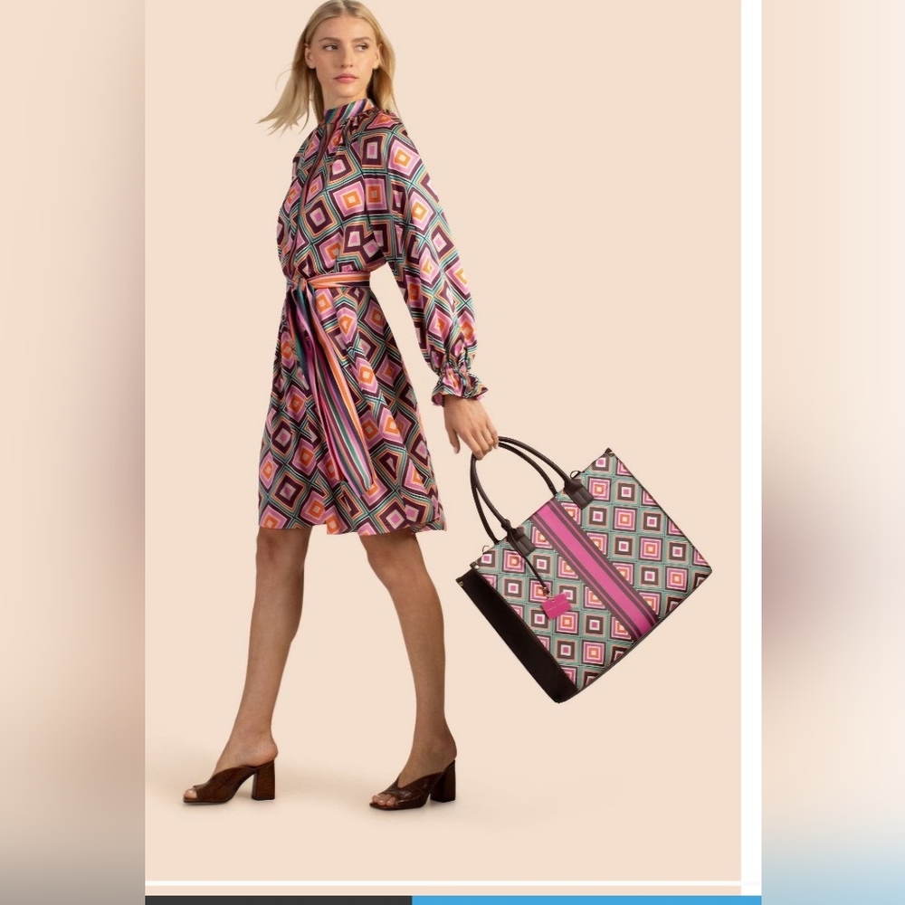 Trina Turk Pink A-Line Dress with Bishop Sleeves Large - Picture 2 of 7